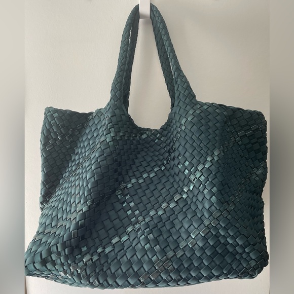 PARKER & HYDE DEEP TEAL GREEN LG WOVEN TOTE HOBO BAGE W/ TRAVEL POUCH WRISTLET